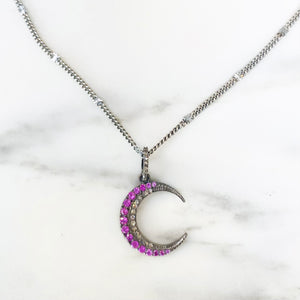 Pave Diamond // Pink Sapphire Crescent Moon Necklace