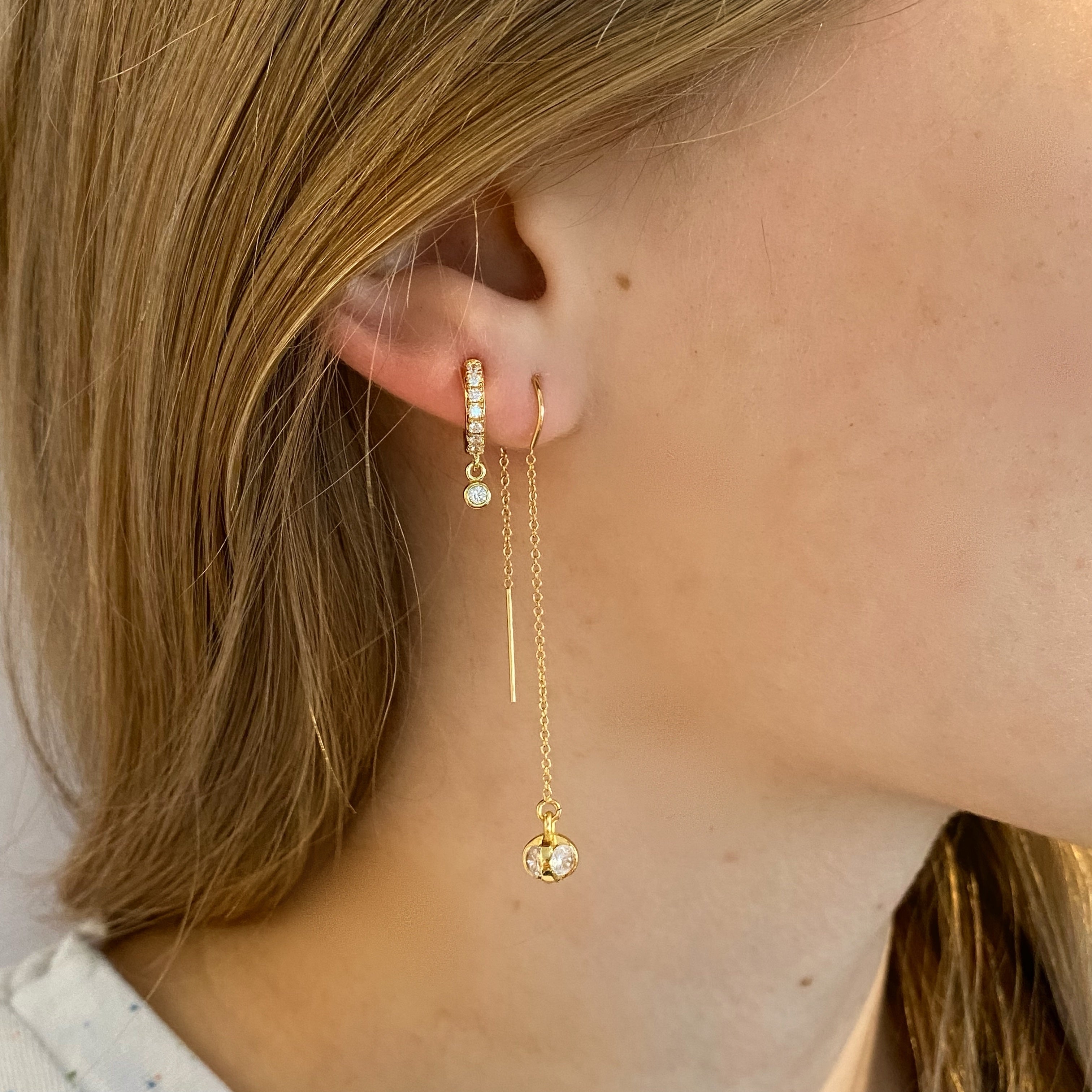 Gold Crystal Ball Threader Earrings