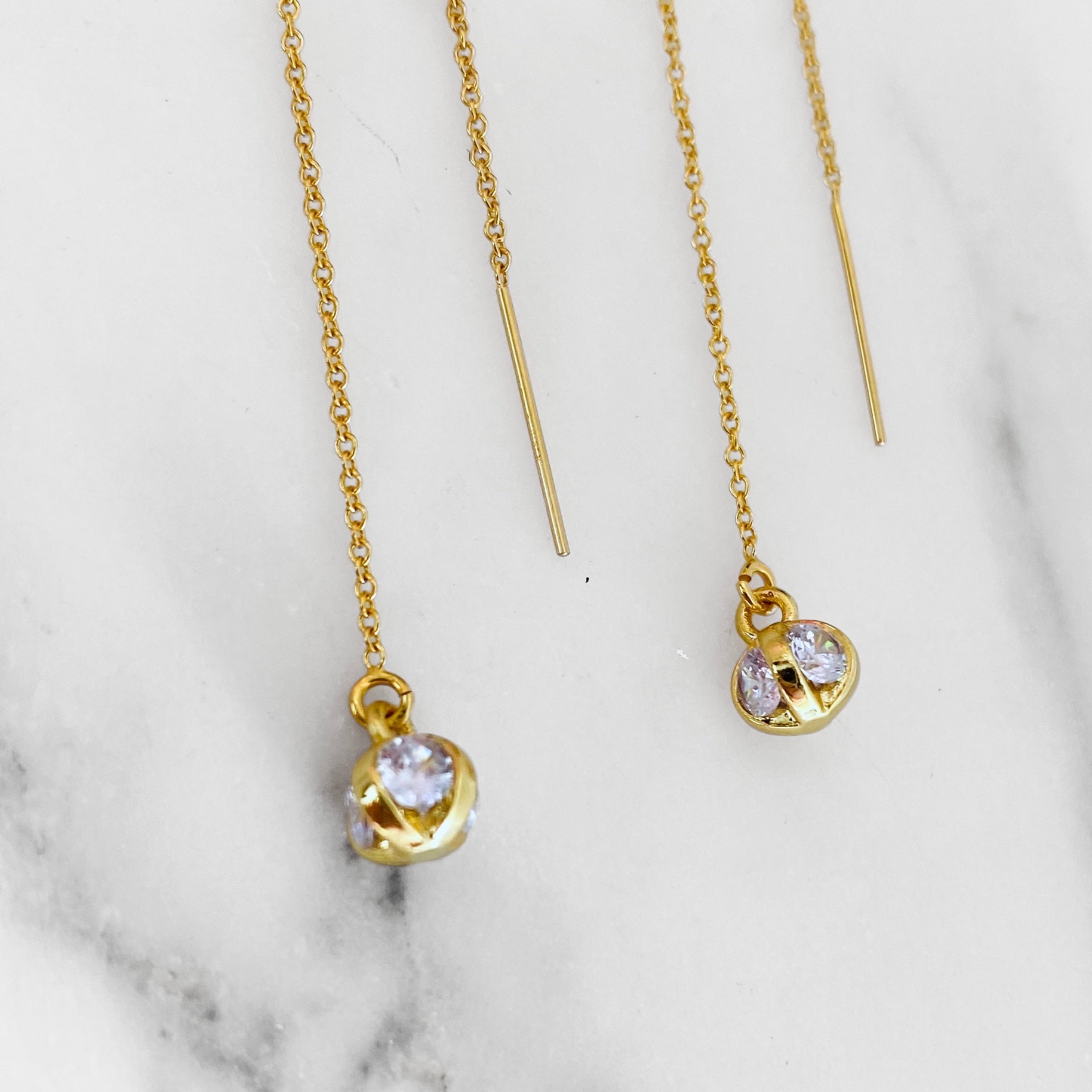 Gold Crystal Ball Threader Earrings